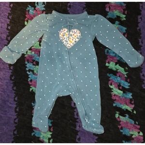 Baby Girls Blue Polka‎ Dot Floral Heart Footed Pajamas One Piece